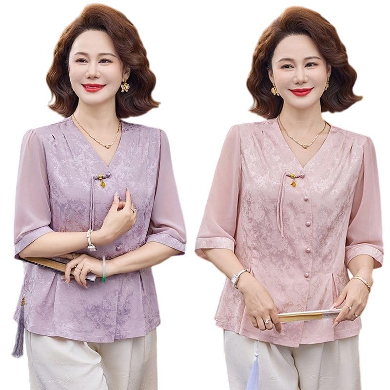 Blusa de estilo chino JYHBHMZG de dos piezas jacquard antiarrugas con cuello en V 4
