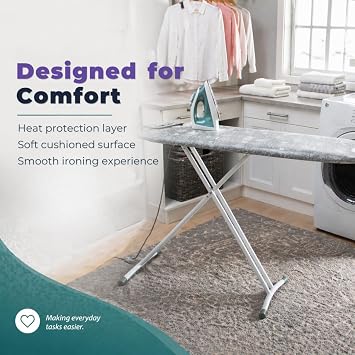 Laundry 360 Ironing Board Cover with Pad Grey Color | Elastic Edge Hook Loop Fasteners | Scorch Resistant Cotton Surface | Complete Replacement Set