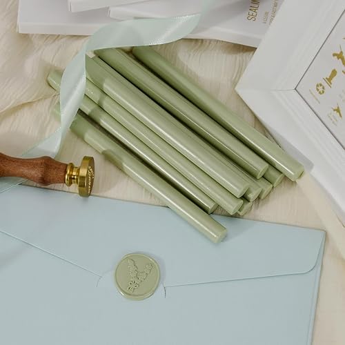 Miniatura 10 de 10 varillas de cera de sellado verde oliva para pistola de pegamento, ideal para sellos de cera, perfecto para invitaciones de boda