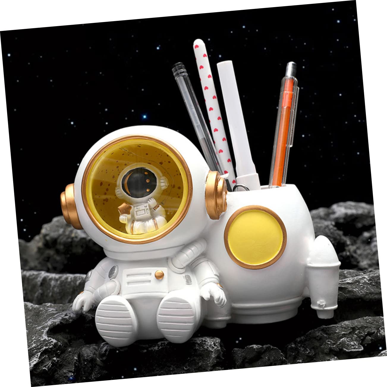 Homoyoyo Portapenne Astronauta Bianco con Luce, Portamatite da Scrivania in Resina, Grande Capacità e Leggero per Bambini, Organizer per Penne e Biglietti da Visita