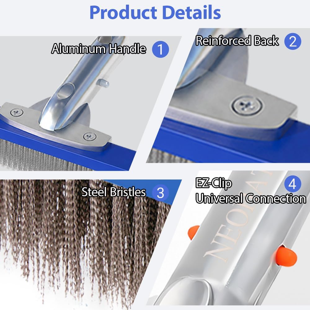 Heavy Duty Pool Brush Set- 5“18” Extra-Wide Metal Brush Head with Stainless Steel Wire Bristles & Curved Edges for Cleaning Pool Tiles, Walls, Floor, Steps (Stainless Steel)