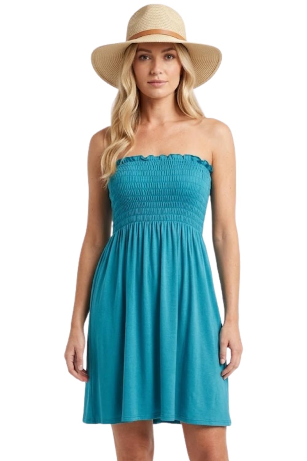 NAZ Fashion Women Ladies Sheering Gather Bandeau Boobtube Plain Top Mini Dress Teal UK 12 to 14
