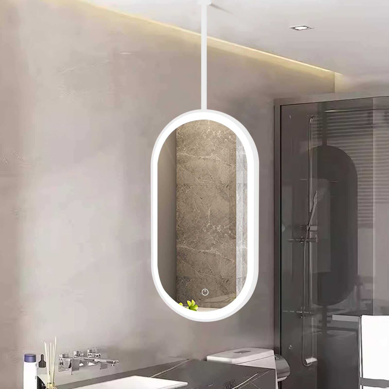 ITOSUI LED Bathroom Mirror with Lights, 3 Colors Dimmable Ceiling Mount Mirror with Metal Frame and Boom, Floating Hanging Mirrors for Entryway Home Decor, White(50cmx60cm)