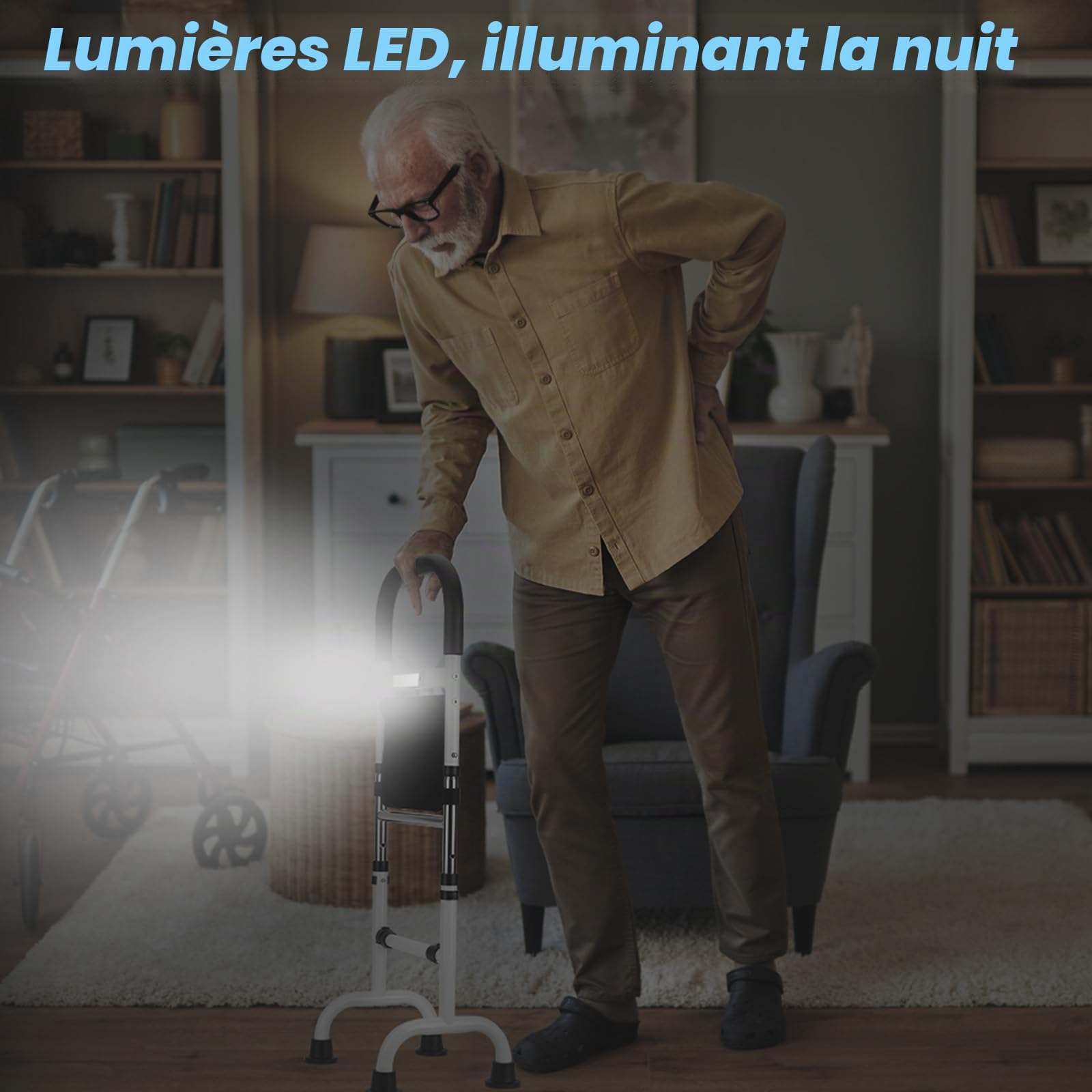 Aides Lever Lit 78 – 95 cm Réglable Support pour se lever du lit avec lumière LED Capacité 136 kg Aide pour rester debout sur les canapés, lits, à côté des toilettes pour personnes âgées et