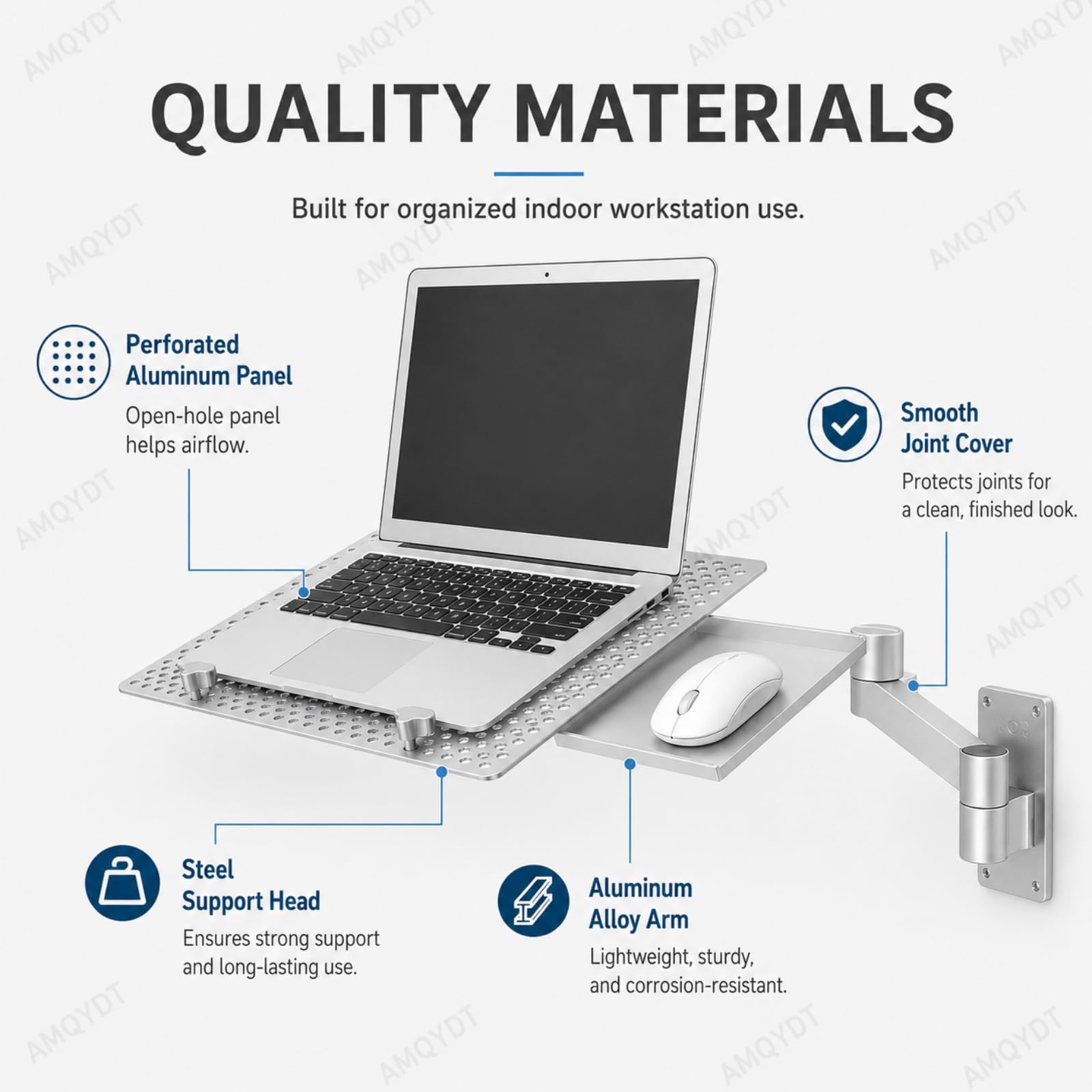 Supporto Da Parete Per Laptop, Supporto Pieghevole Con Vassoio Per Mouse Rimovibile, Capacità Di Carico 8 Kg, Rotazione A 360°, Inclinazione A 135°, Piattaforma Ventilata E Braccio Pieghevole Per