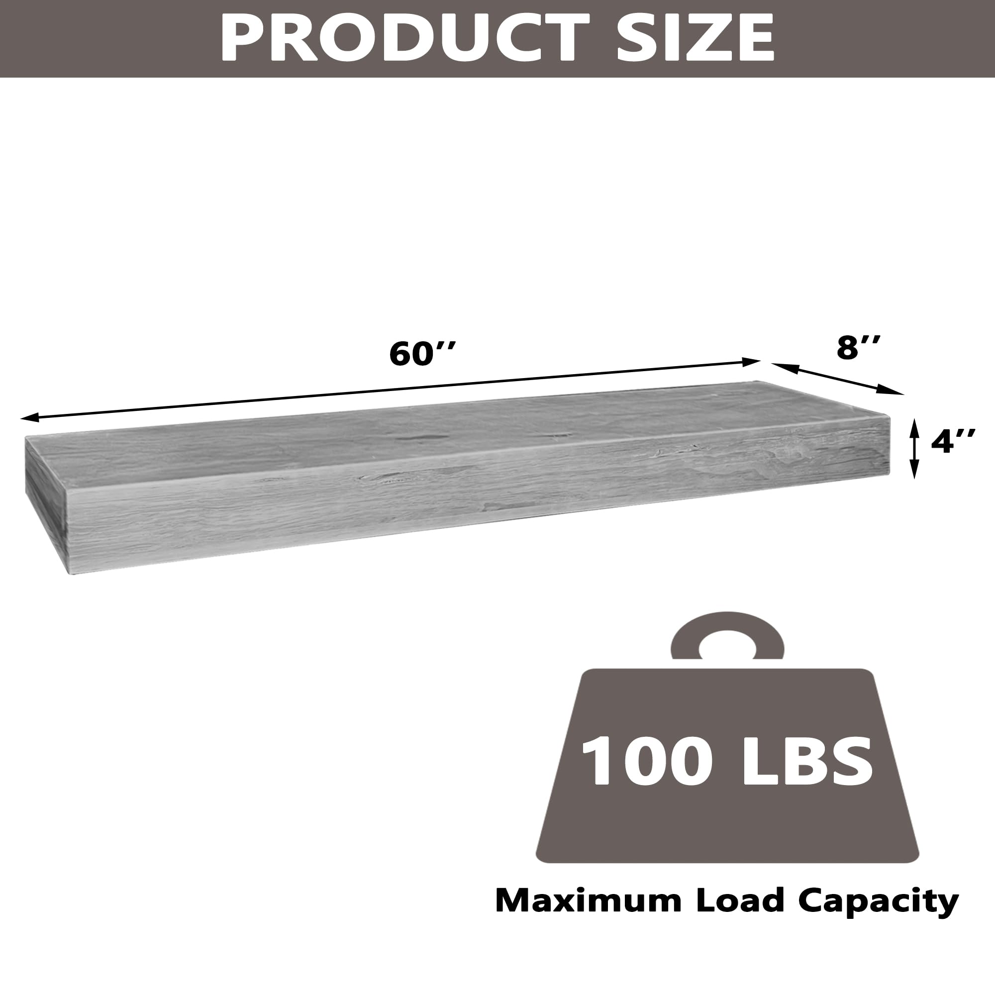 KORETECH 60 Inch Fireplace Mantel Solid Rustic Wood Floating Farmhouse Shelf Handcrafted Wall Mounted, with Invisible Heavy Duty Metal Bracket, Grey