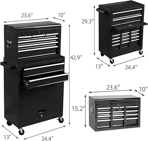 Miniatura 2 de Cofre de herramientas con ruedas de 8 cajones, baúl de herramientas grande con cerradura con ruedas, conjunto de 2 piezas, baúl de herramientas
