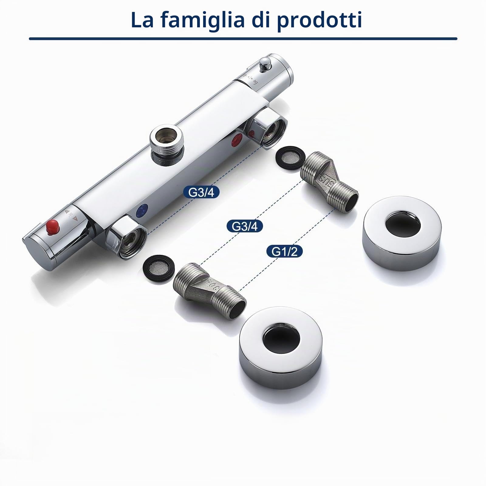 Rubinetto doccia con termostato, 2 prese, miscelatore doccia, rubinetto superiore 3/4 "BSP (26,4 mm) + inferiore 1/2"BSP (21 mm), in ottone, protezione contro scottature, termostato per doccia