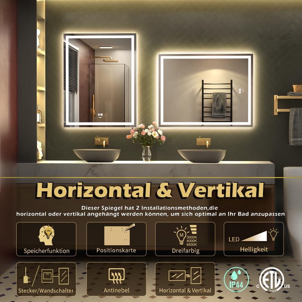GANPE Specchio da bagno a LED, specchio da trucco, montaggio a parete, 6500 K, LED ad alto lumen, anti nebbia, IP44 impermeabile+verticale e orizzontale (90 x 60 cm)