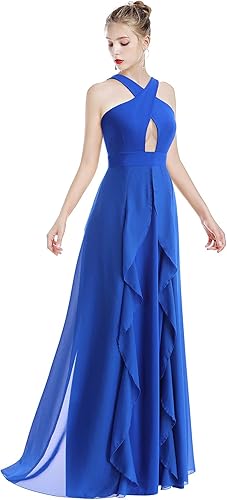 IWEMEK - Vestido largo de noche para mujer, con cuello halter, envolvente, largo al suelo, con alta elasticidad, versátil, para baile de graduación