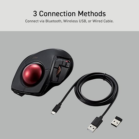 ELECOM DEFT PRO Trackball Mouse, Wired, Wireless, Bluetooth 3 Types Connection, Ergonomic Design, 8-Button Function, Red Ball, Windows11, MacOS (M-DPT1MRXBK)