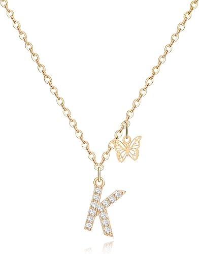 MJartoria Collar delicado con dije de mariposa, chapado en oro de 14 quilates, circonita cúbica con letra delicada, joyería, regalos de cumpleaños
