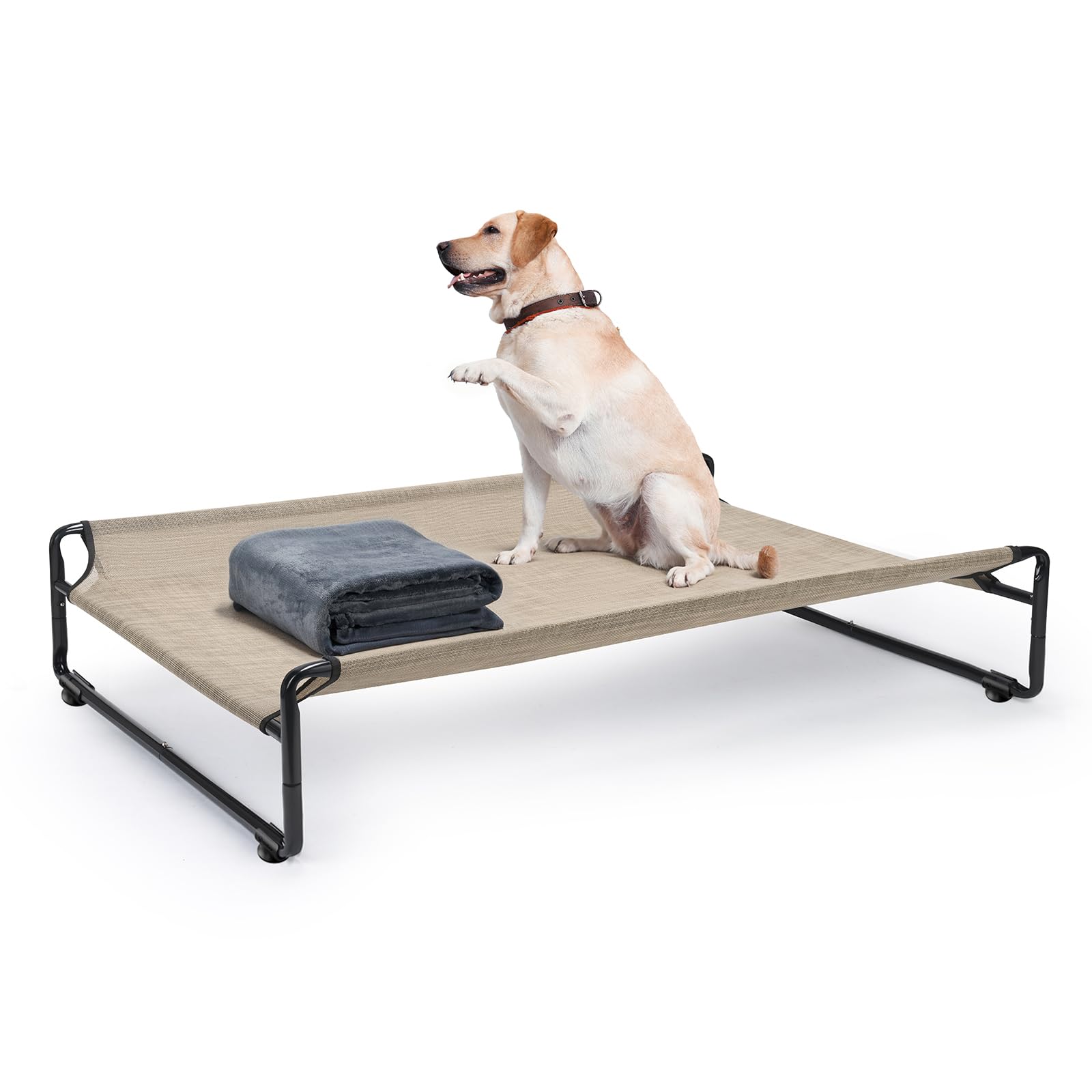 Veehoo Large Elevated Dog Bed with Flannel Dog Blanket, Outdoor Guardrail Raised Pet Cot for Extra Large Dogs, Anti-Slip Camping Hammock Bed,