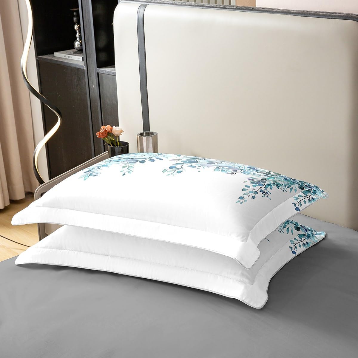 Watercolor Plant Leaves 100% Cotton Bedding Set Teal Floral Comforter Cover Set for Kids Teens Bedroom Decor Spring Flowers Duvet Cover (No Comforter) Full Size 3 PCS