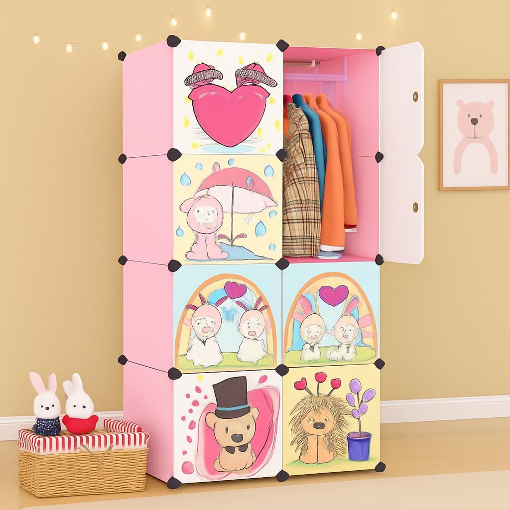 Sunderlook Plastic Wardrobe for Kids Clothes – Professional Collapsible Wardrobe, Easy to Use Foldable Almirah, Plastic Cupboard for Kids for Home (Pink-HH, 8 Door)