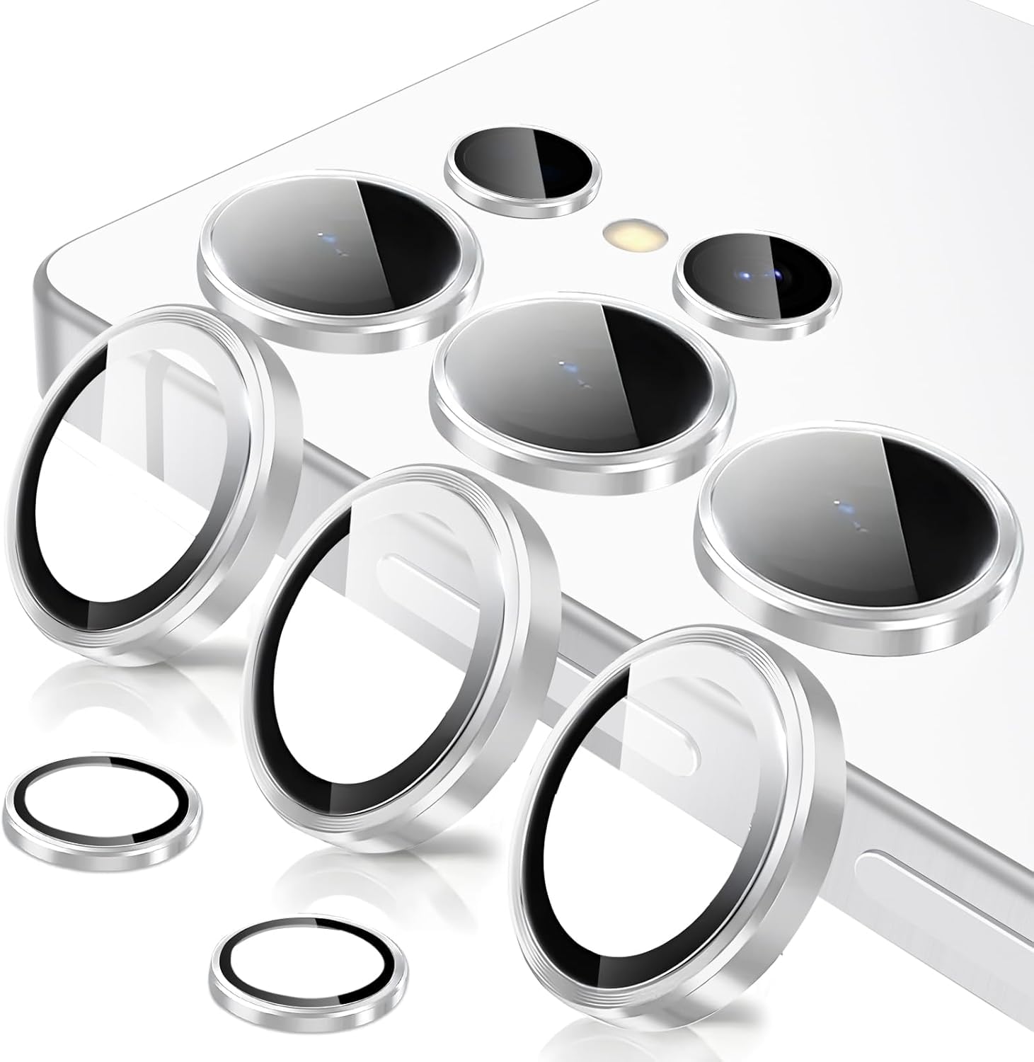 Coiwxmoi Ochraniacz na obiektyw aparatu do Samsung Galaxy S23 Ultra 5G, szkło hartowane 9H, HD przezroczyste odporne na zarysowania, aluminiowy ochraniacz na aparat 3D, srebrny