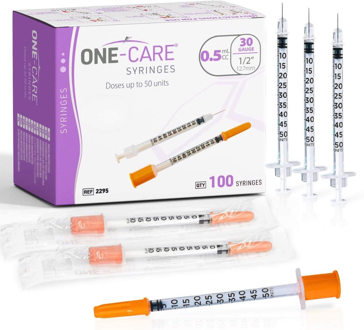 ONE-CARE Syringe 0.5 ml/cc, 30G x 1/2’’ (12.7mm), Individually Wrapped, Orange Cap, 100 Syringes per Box