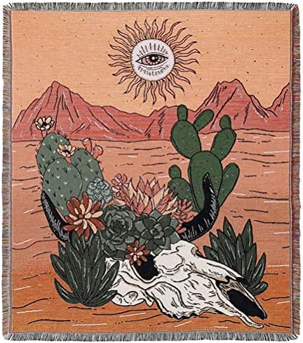 tiowik Cactus Desert Throw Woven Blanket with Tassel for Home Decoration Chair Couch Sofa Bed Beach Travel Picnic Cloth Tapestry Shawl Cozy Cotton (Orange 63×51 Inches)