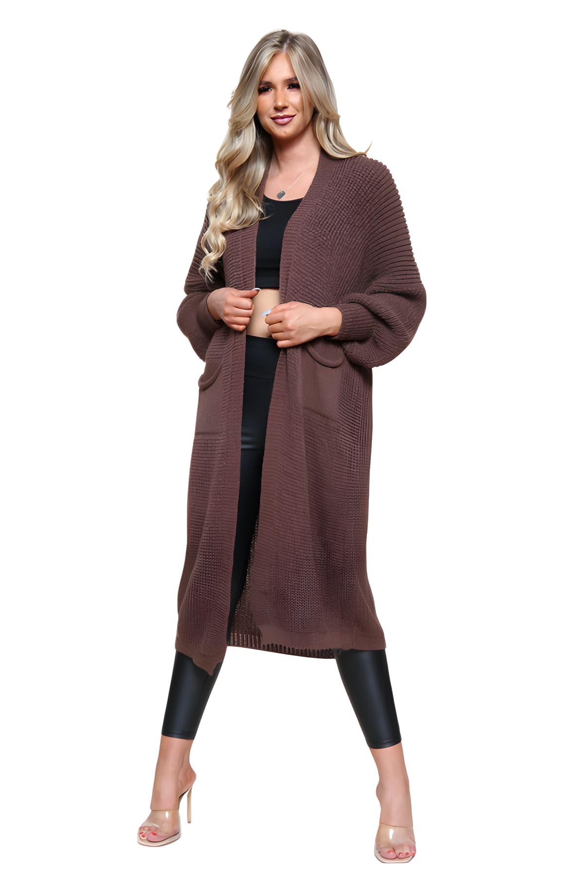 Hamishkane® Womens Chunky Knitted Cardigan, Open Front Balloon Sleeve Long Cardigans for Women UK, Winter Maxi Coatigan with Pockets, Warm Oversized Fall Sweater Brown
