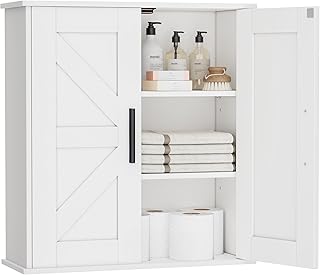 Bathroom Wall Cabinet, Over Toilet Storage Cabinet with Barn Doors and Adjustable Shelves, 3-Tier