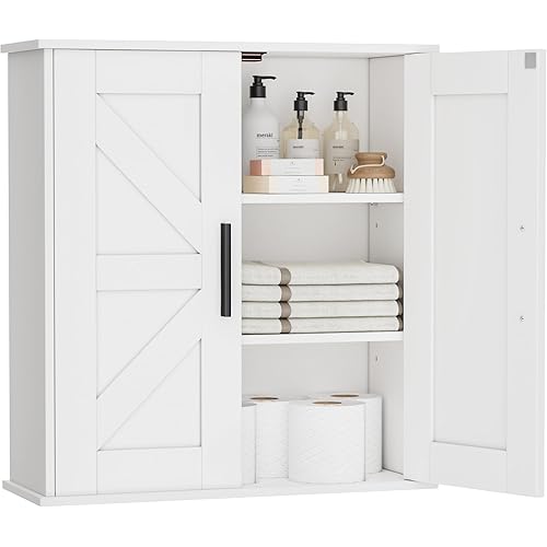 Bathroom Wall Cabinet, Over Toilet Storage Cabinet with Barn Doors and Adjustable Shelves, 3-Tier Medicine Cabinet Wall Mounted, for Bathroom, Kitchen, Entryway, Laundry Room, White, (7.9" D)