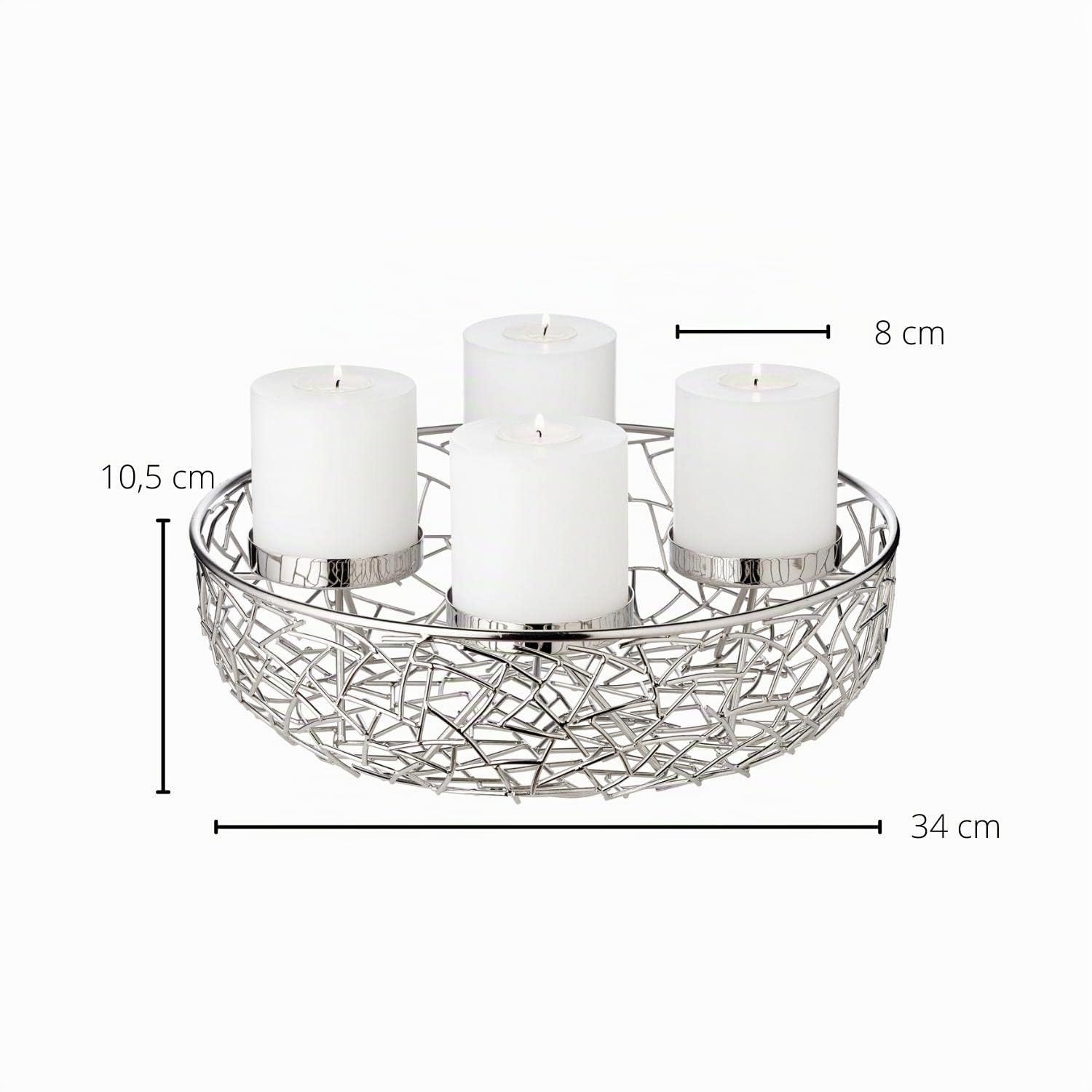 EDZARD Adventskranz Milano, AST-Design, Durchmesser 34 cm, für Stumpenkerzen Ø 8 cm, durchgängiger Boden, Edelstahl vernickelt, silberfarben, ideal für die Dauerkerze Cornelius von Edzard
