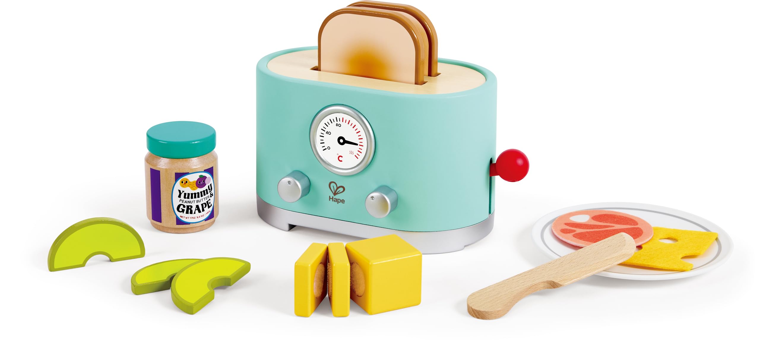 Hape Zestaw tosterów Ding & Pop-up, timer i akcesoria, realistyczna zabawa, wiek 24 m, fantazyjna zabawa