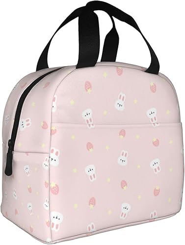 Miniatura 9 de Lonchera con diseño de conejo Kawaii rosa para mujeres y hombres, contenedor reutilizable aislado con bolsillo frontal para trabajo, picnic y viajes