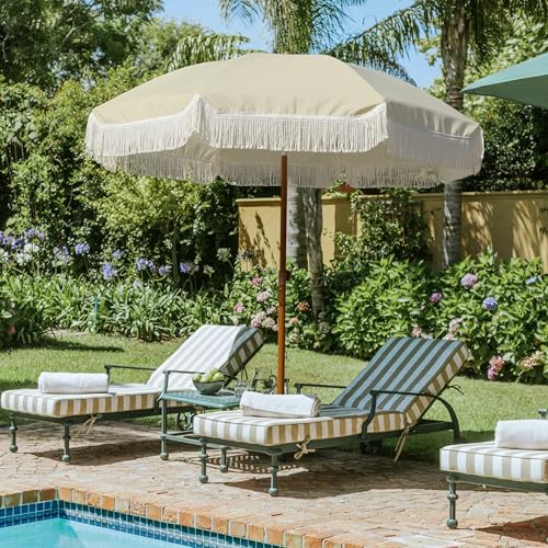 Image of AMMSUN 7ft Patio Umbrella with Fringe Outdoor Tassel Umbrella UPF50+ Premium Steel Pole and Ribs Push Button Tilt, Light Beige