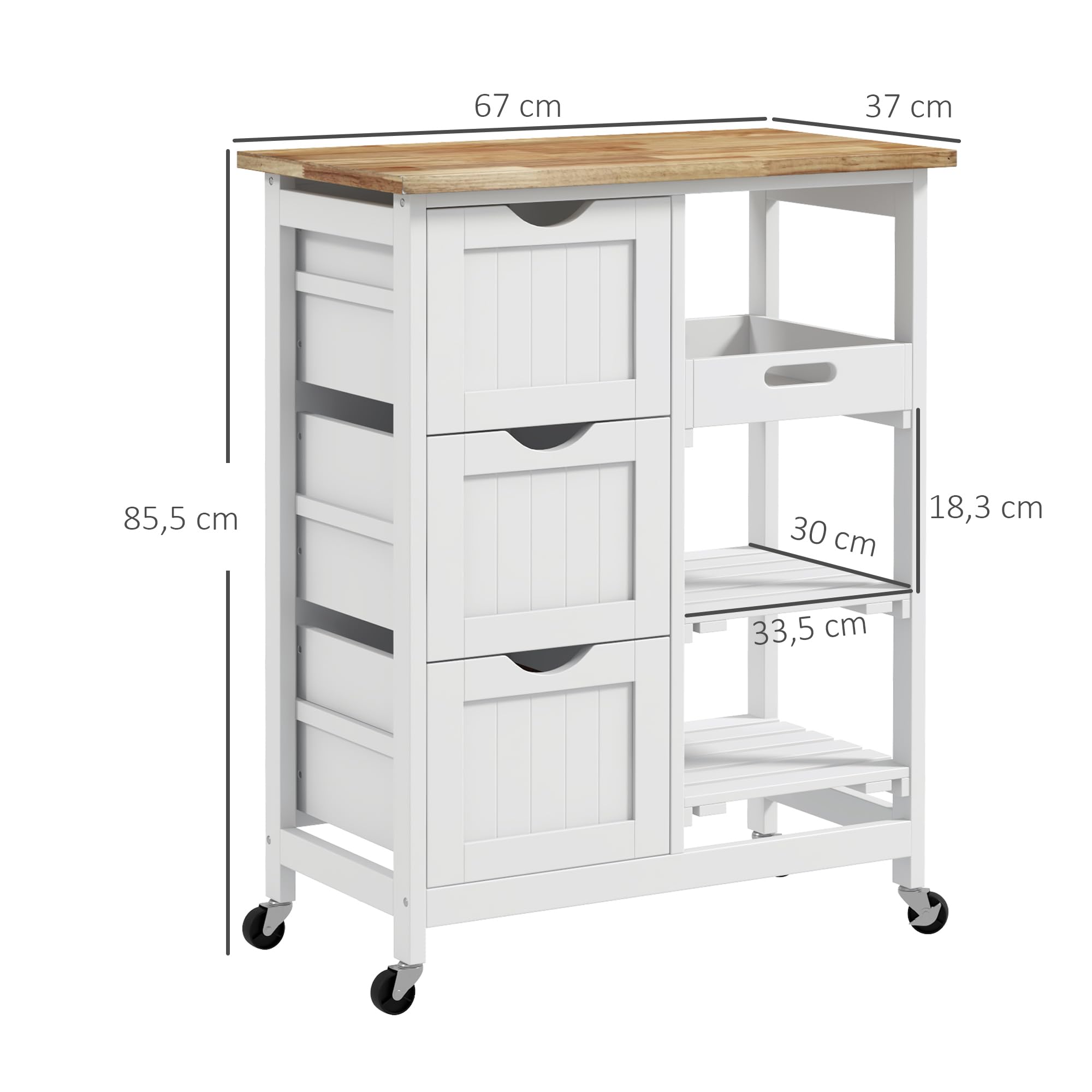 HOMCOM Desserte de cuisine à roulettes, chariot de service, plan de travail en bois d'hévéa, 3 tiroirs, plateau amovible, 2 étagères à lattes, chariot de cuisine et salle à manger, 67x37x85,5cm, blanc