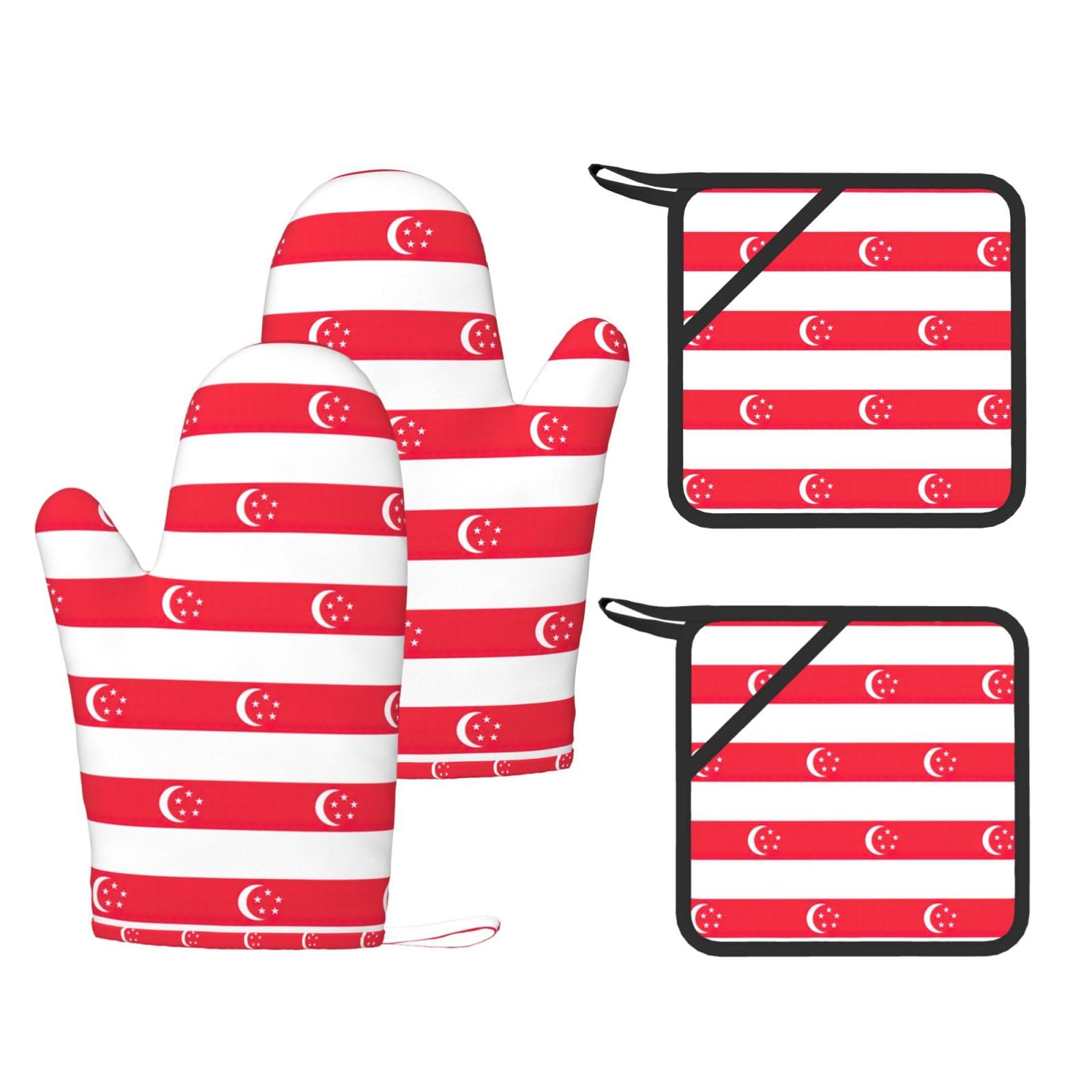 Singapore Flag Printed Kitchen Oven Gloves and Potholder 4 Pcs, Non-Slip Heat Resistant Mitts for Baking Chef
