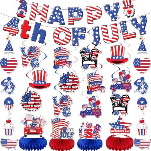 Image of 4th of July Patriotic Decorations Red White Blue Happy 4th of July Banner Independence Day Hanging Swirls Fourth of July Honeycomb Centerpieces for American Memorial Day Decor