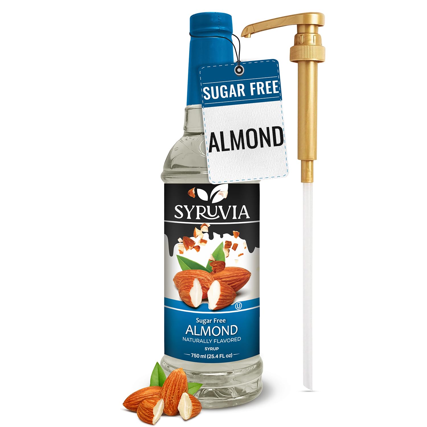 Syruvia Sugar Free Coffee Syrup, Almond Flavored Syrup for Drinks, Lattes, and Desserts – 25.4 fl oz, With Pump