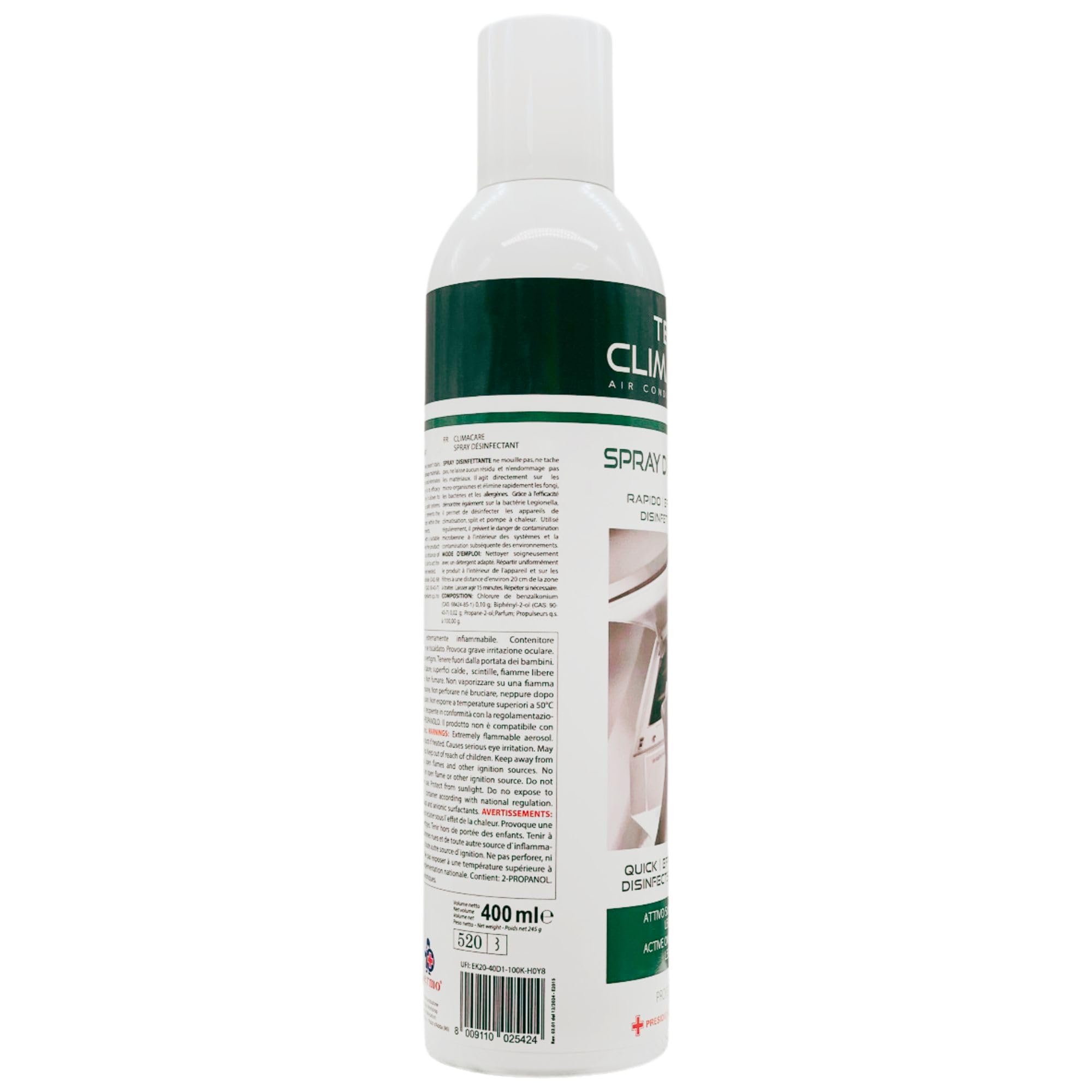 Spray Igienizzante Per Climatizzatori, Adatto Anche per Sistemi di Condizionamento Dell'Aria, con Azione Deodorante, Formato da 400ml + 100pz Guanti HDPE Monouso (2 Spray + Guanti Monouso)