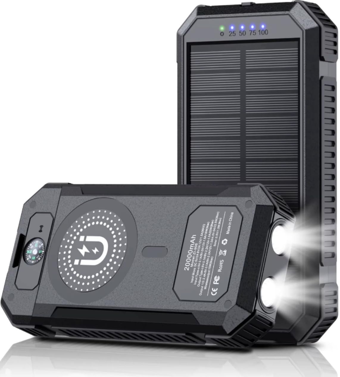Power Bank Solar 20000 mAh con ricarica wireless - Batteria esterna impermeabile con pannello solare, ricarica rapida USB e USB-C, torcia e bussola - caricabatterie portatile per iPhone, Samsung