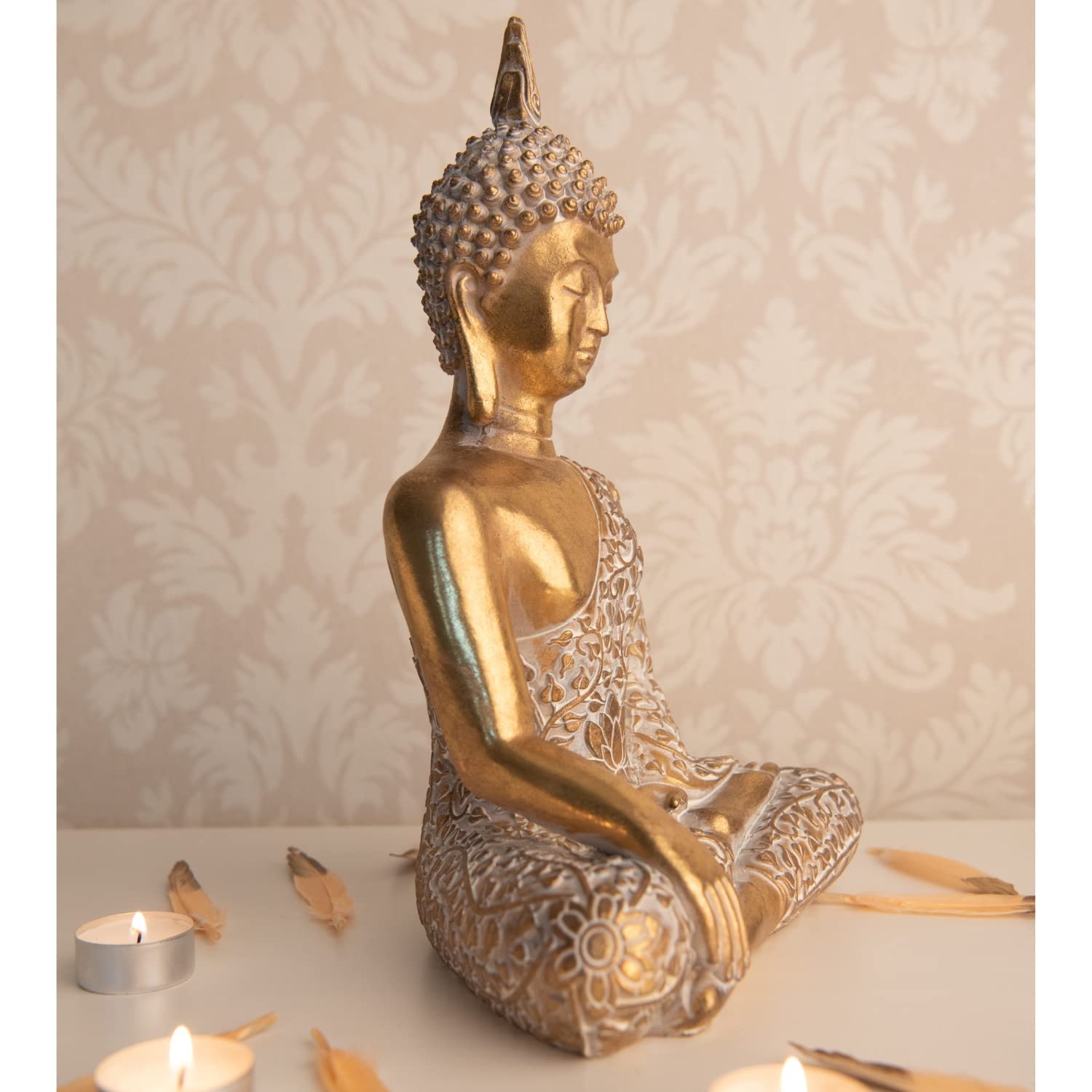 dszapaci Figura de Buda de Oro 30cm Figura sentada con patrón Blanco de decoración Estatua