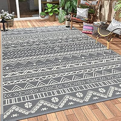 MCOW Outdoor Rug Waterproof 5'x8' for Patio Clearance, Reversible Camping Mat, Outside Plastic Straw Area Rugs for Rv, Camper, Balcony, Backyard, Picnic, Deck, Grey&White