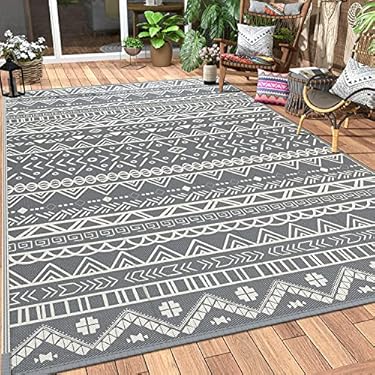 AMAZON - MCOW 6’x9′ Boho Outdoor Rugs for Patios, Waterproof Plastic Straw Rug, Reversible Rv Area Mat Clearance for Outside, Camping, Deck, Camper, Porch, Balcony, Backyard, Picnic, Grey&White