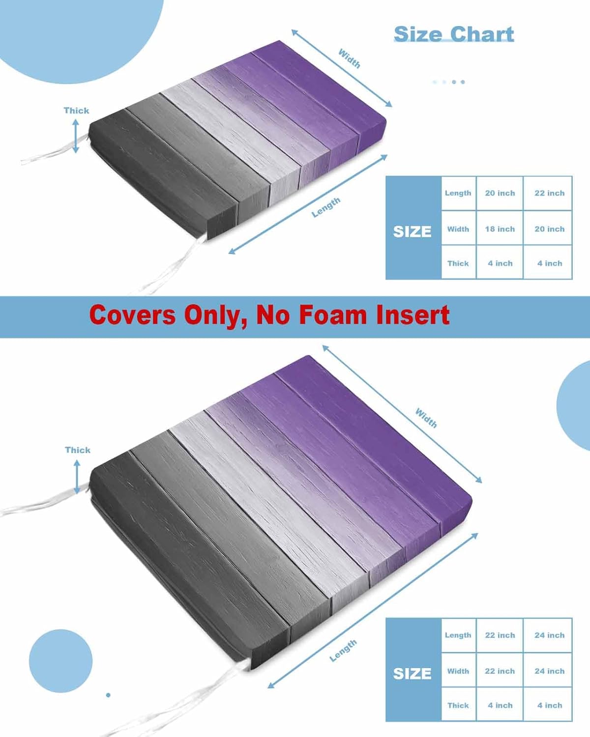 2 Pack Purple Gray Waterproof Cushion Covers with Ties, Outdoor Patio Chaise Lounge Chair Seat Cushion Slip Covers Replacement(Only Cover) Vintage Rustic Abstract Striped Wooden Grain 24"x24"x4"