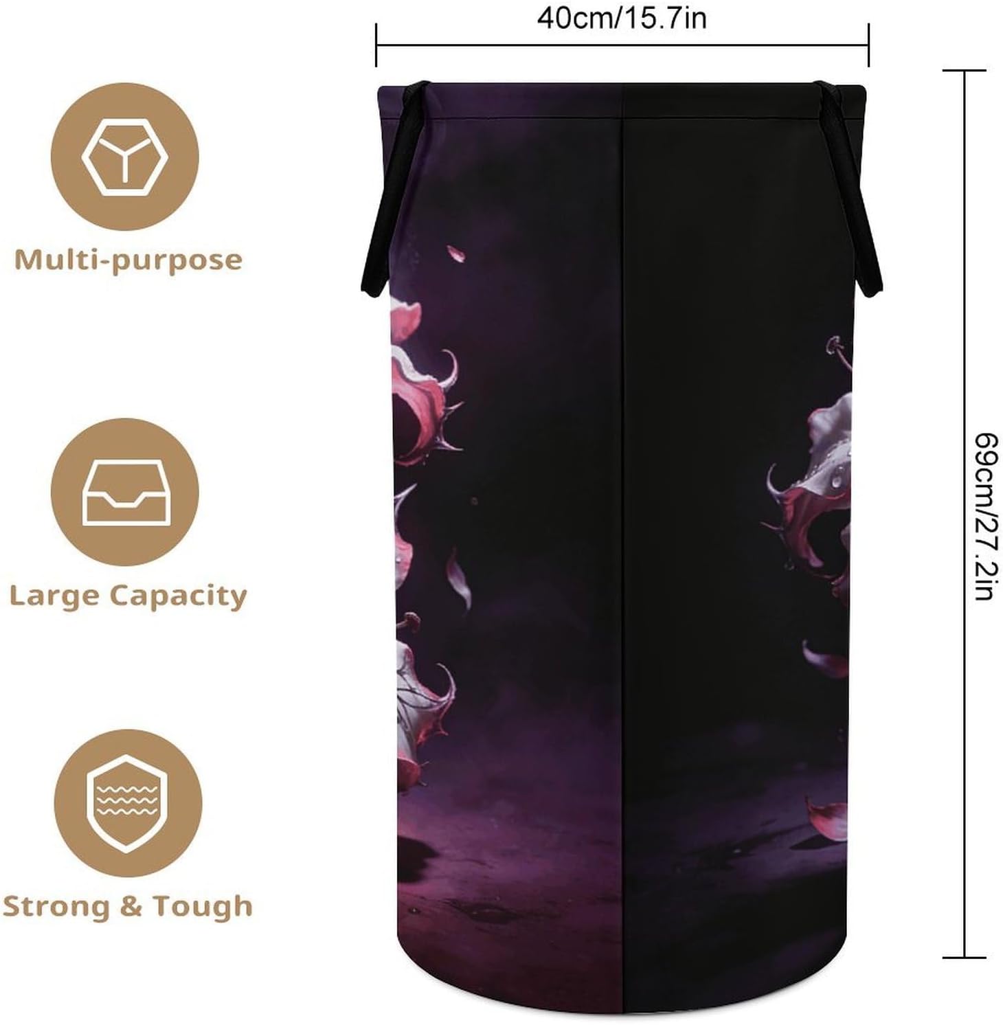 Dark Fantasy Contrast Floral Laundry Hamper 86L Waterproof Collapsible Clothes Basket with Double Handles Freestanding Foldable Laundry Basket Large Clothes Hamper for Bathroom