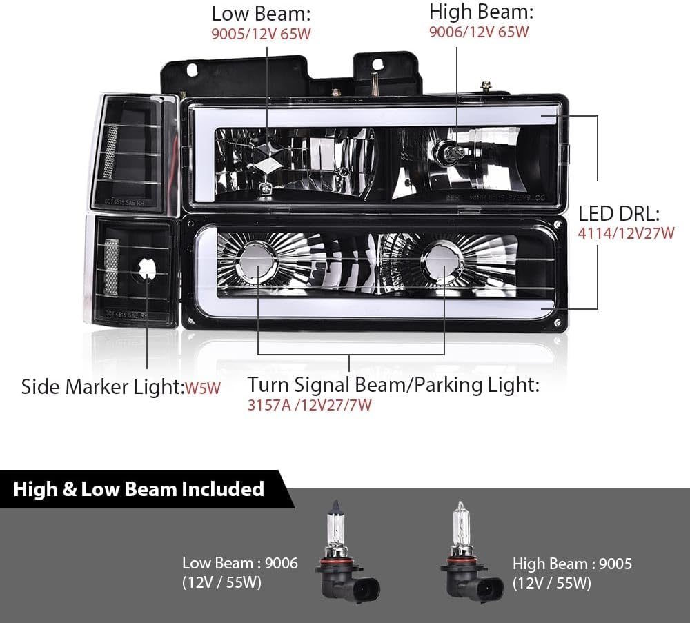 CROSSDESIGN LED Headlight Assembly Compatible with Chevy GMC & Chevy Suburban C/K 1994-1999/ Fit Chevy Tahoe & GMC Yukon 1995-1999 Pair Front Left & Right Clear Lens Black Housing Clear Reflector