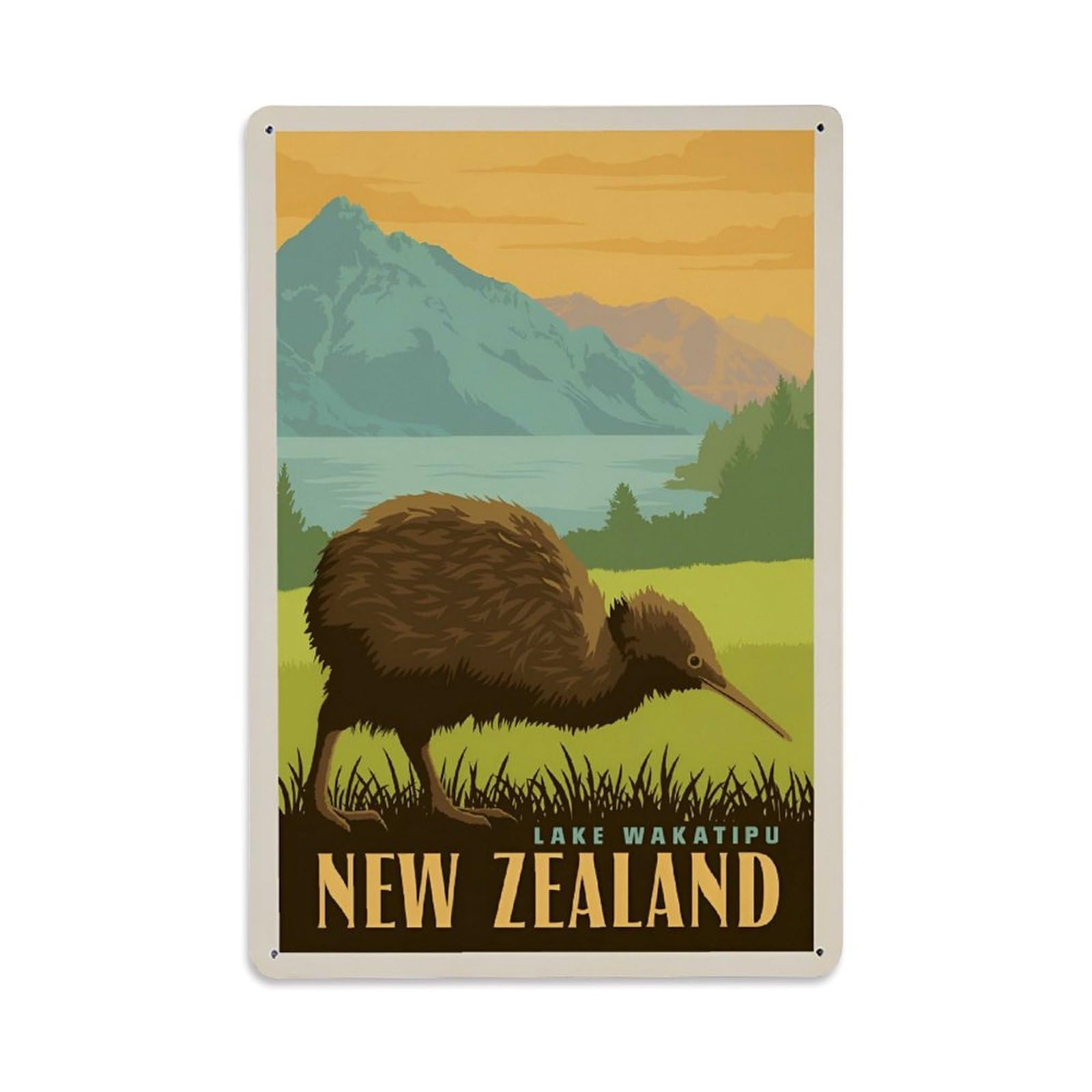 Vintage Travel Poster New Zealand Lake Wakatipu Metal Tin Sign Wall Decor for Cafe, Club, Garden Metal Poster 8x12Inch