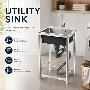 Utility Sink Free Standing Stainless Steel Single Bowl Kitchen Sink with 360 Rotatable Faucet and Strainer Basket Portable Sinks for Home Laundry Garage Commercial