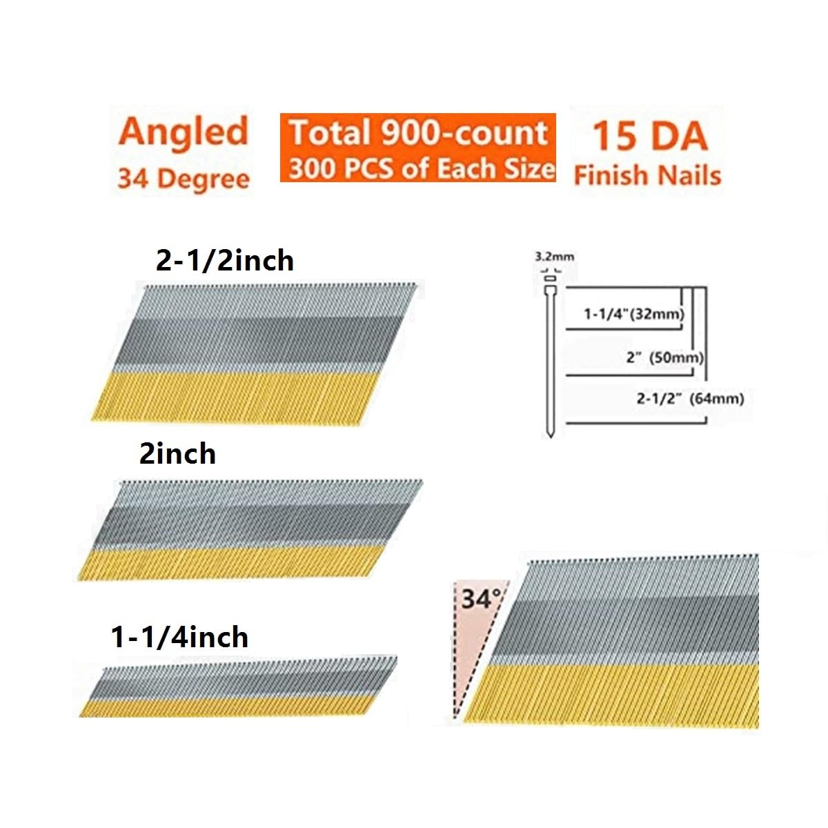 Chiodi per graffette per incorniciatura 900 chiodi di finitura angolati calibro 15, zincati da 2-1/2 pollici, 2, 1-1/4, punta a scalpello