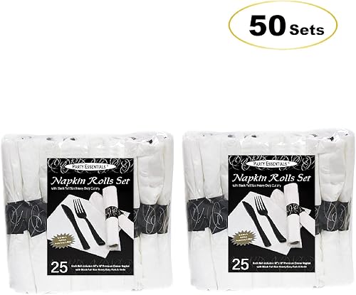 Miniatura 3 de Party Essentials Party Supplies - Juego de cubiertos envueltos desechables, servilletas y cubiertos preenrollados, tenedorescuchillos negros, 50