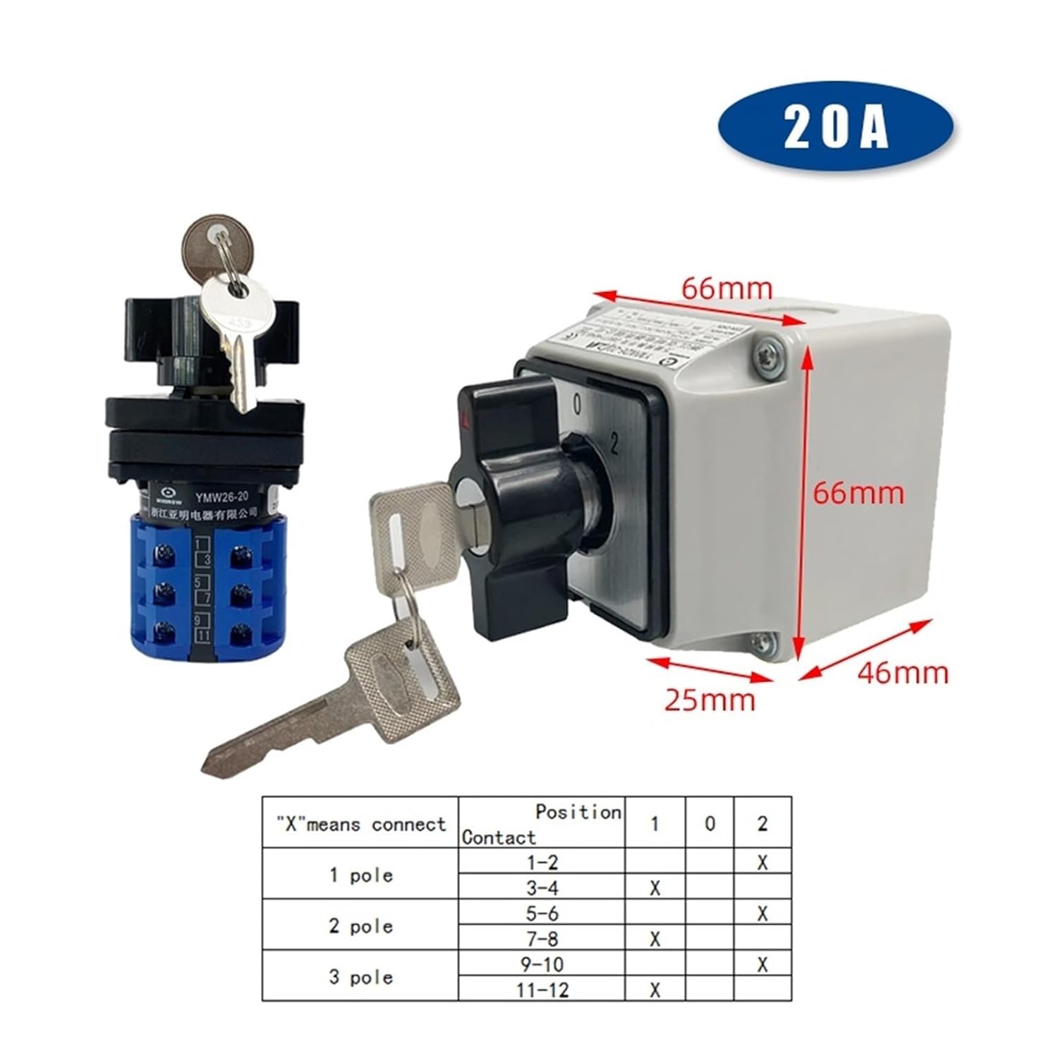 ROTARY SWITCH LW26-20 LH 3/3 20A 3 LEVELS , 4 POSITIONS | ELMARK LW26-20MS キーカムスイッチ（保護ボックス付き）3ポジション YMW26-20A(3P 12Terminals)