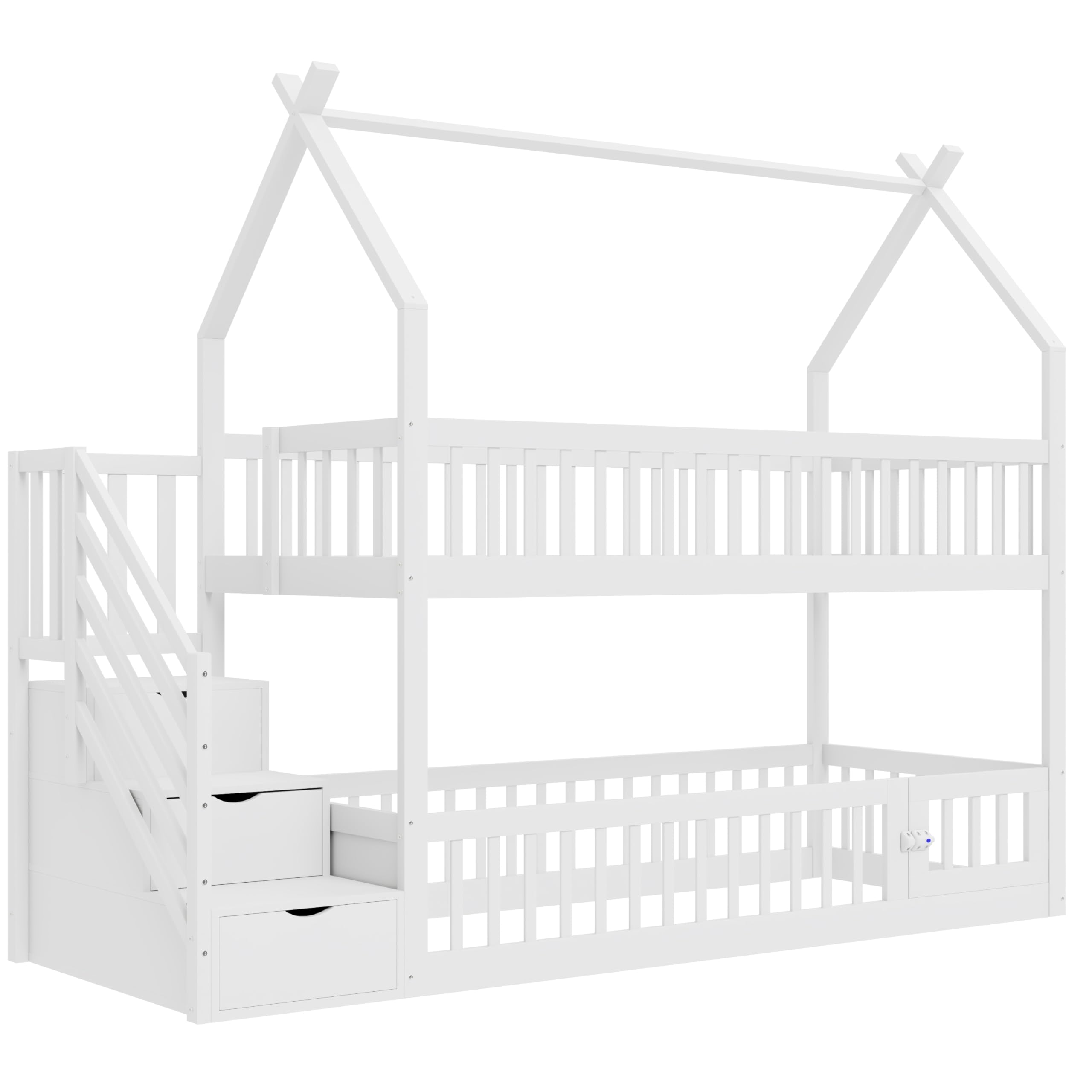 Etagenbett Kinderbett 90x200 cm mit Treppe und Stauraum, Hochbett Hausbett mit Rausfallschutz und Armlehne, Holzbett Bettgestell mit Lattenrost (Nur das obere Bett), Weiß, Ohne Matratze