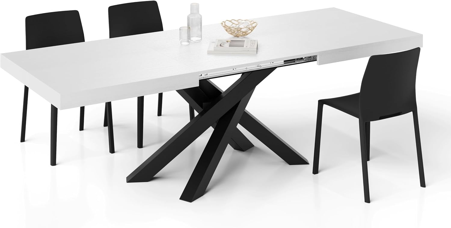 Mobili Fiver, Emma 63(94.5) x35.4 in Extendable Table, Ashwood White with Black Crossed Legs, for 6-10 People, Expandable Dining Table for Kitchen, Living Room, Italian Furniture