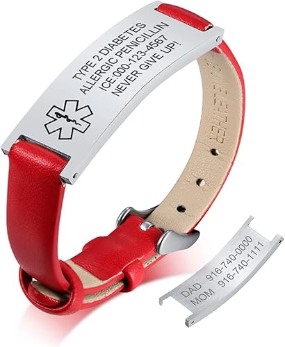 MPRAINBOW Pulsera de alerta médica personalizada para mujer, correa de reloj de cuero auténtico, grabado de doble cara, diabetes, epilepsia,
