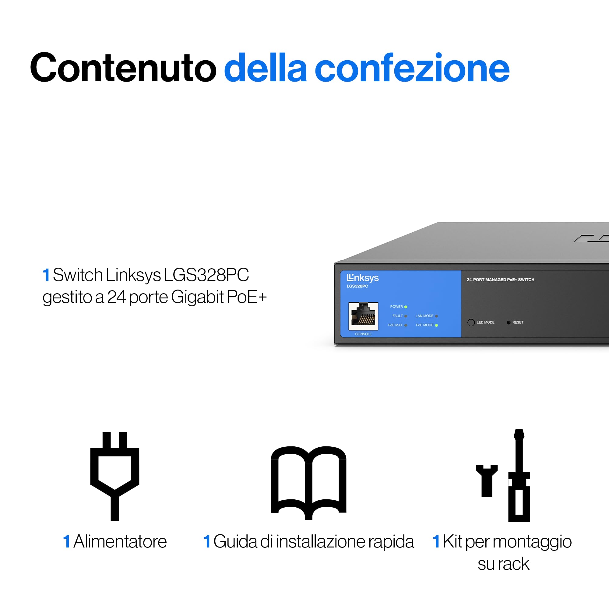 Linksys Switch Gigabit PoE+ Gestito a 24 Porte con 4 Porte 1GE SFP di Uplink, 250 W, Nero